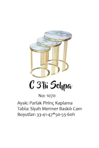 Brc C Zigon Sehpa 3'Lü 1070 Beyaz Mermer Desen Gold Parlak Piri