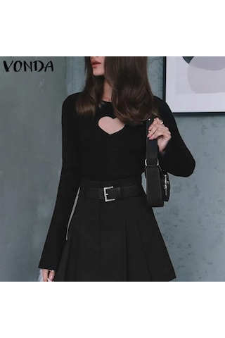 Vonda Kadın Vintage Yuvarlak Yaka Uzun Kollu Dar Kazak Kazaklar Siyah