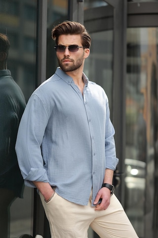 Madmext Mavi Basic %100 Pamuklu Uzun Kollu Erkek Gömlek E6761 Mavi