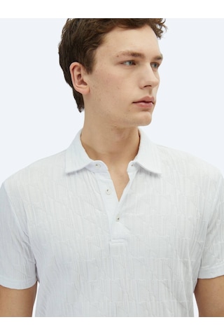 Kip Beyaz Desenli Polo Yaka %100 Pamuk T-shirt Beyaz