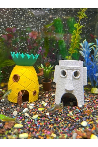 Akvaryum Dekoru 2 Li Set Ananas Ev + Moai Ev Set-ana-moa-01, One Size