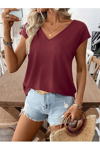 Gülsüm Aydın Kadın Kısa Kollu V Yakalı Arkadan Kurdele Detaylı Viskon Bluz Bordo