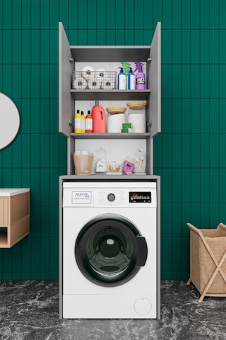 Asra Trend Çamaşır Makinesi Üstü Banyo Dolabı BD-01 %100 MDF İki Kapaklı Organizer Raf Kül Gri