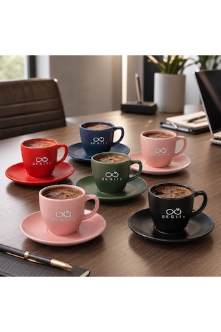 Logonuza Özel 6 Kişilik Rainbow Mat Fincan Takımı - 6 Fincan 6 Tabak Kurumsal Set Siyah