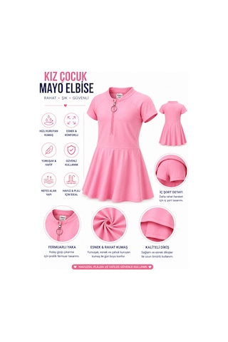 Toikids Kız Çocuk Kısa Kollu Fermuarlı Mayo Uv Korumalı Deniz Ve Havuz Şortlu Mayo 3 Parça Pembe