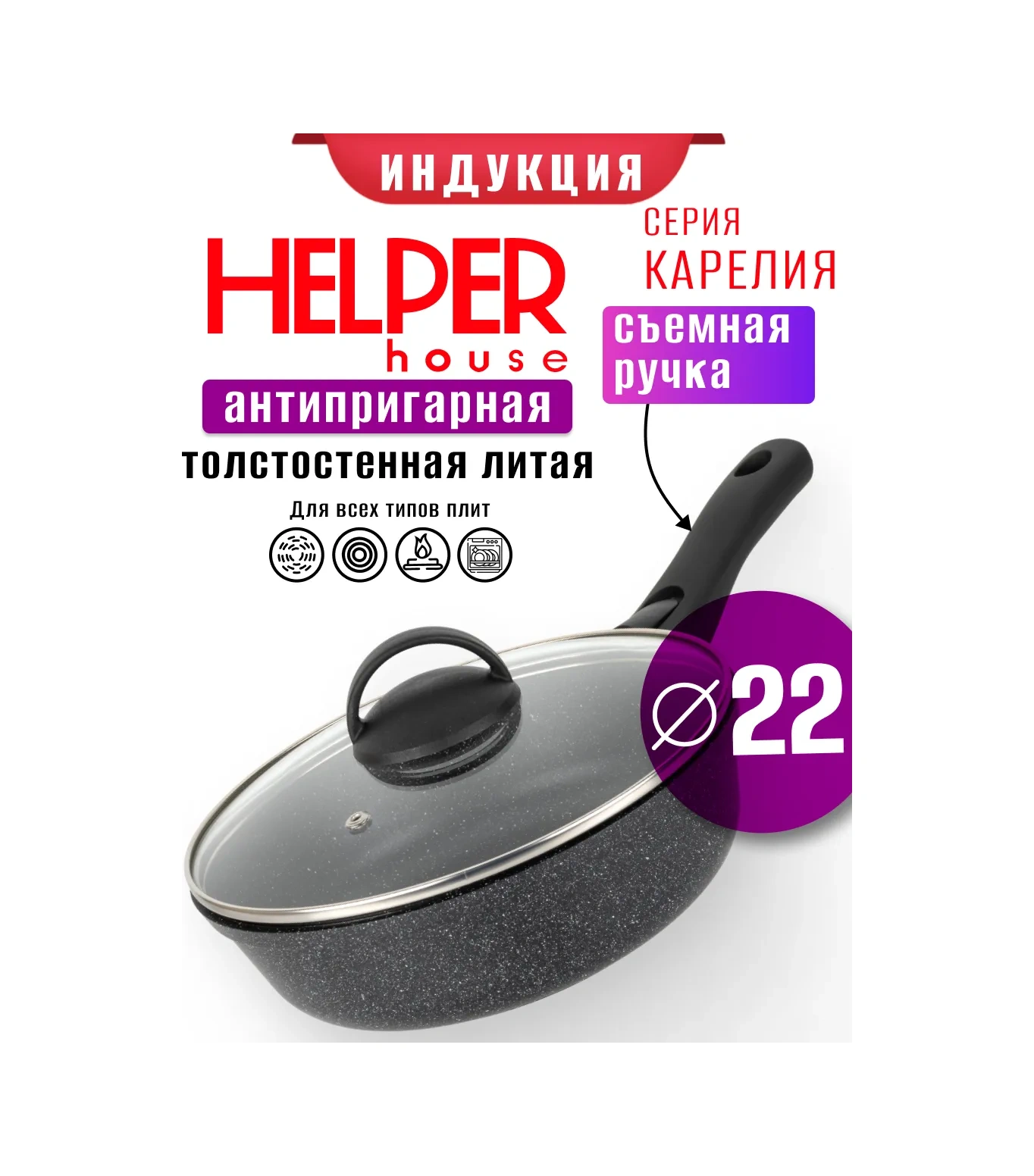 Helper House 22 Cm, Çıkarılabilir Saplı İnduktif Ocak Tavası 261907951 Siyah