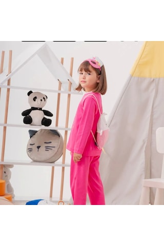 Heroıne Desenli Çanta Ve Maskeli % 100 Pamuk Kız Çocuk Pijama Takımı Gül Kurusu