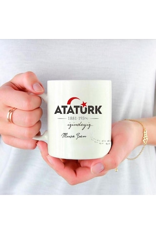 Kişiye Özel Atatürk Ve Bayrak Baskılı Porselen Beyaz Kupa Bardak