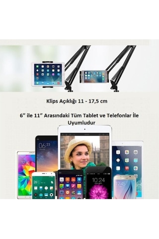 Telefon Tablet Masa Tutucu 6" 11" Esnek Uzun Kollu 360 Derece Her Şey Burada Siyah