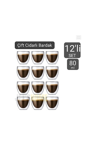 12 Li Set Espresso Bardağı 80 Ml Kahve Bardağı Çift Cidarlı Bardak Viski Bardağı Şeffaf