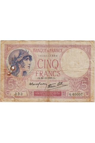 Fransa 5 Frank 1939 Alt Kenarda 1 Cm Yırtık Ve Solda Yanık Deliği Var Temiz -