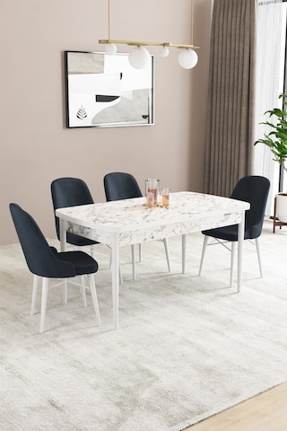 Sar Pakete Almira Serisi, Beyaz Mermer Desen 80x132 Açılabilir Mdf Mutfak Masası Takımı 4 Adet Sandalye Antrasit