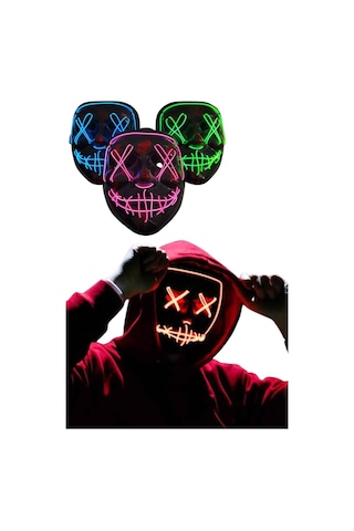 Led - 398 - Işıklı Neon Maske Cadılar Bayramı Maskesi Korkunç - Csmo-tex - Korku Maskesi