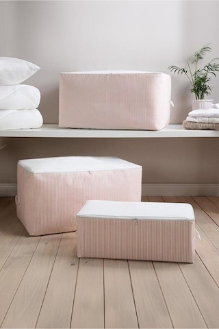 Pembe Çizgili Medium Baza Çekyat Altı 5 Adet Hurç 50x30x20 Cm Pembe