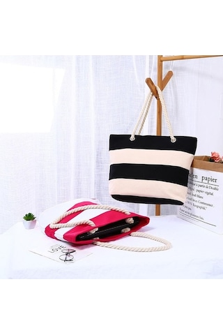 Novahub Kalın Keten Halat Saplı Çizgili Tuval Plaj Çantası - Büyük Kapasite Kırmızı Beyaz - Seyahat Alışveriş İçin Kadınlar İçin Kırmızı - Beyaz