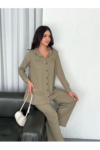 Yakalı Düğmeli Uzun Kollu Gömlek Pantolon İkili Takım - Bej Bej