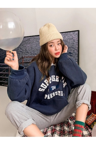 Kadın Lacivert Suppose Baskılı Oversize Sweatshirt Lacivert