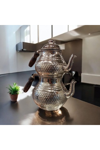 Bakır Çaydanlık & Bakır Demlik El Yapımı Zımba Desenli Gümüş Renk Gümüş