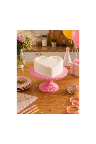 25 Cm Pasta Standı Kalp Desenli - Kurabiye Standı Sunumluk Kek Pasta Pembe