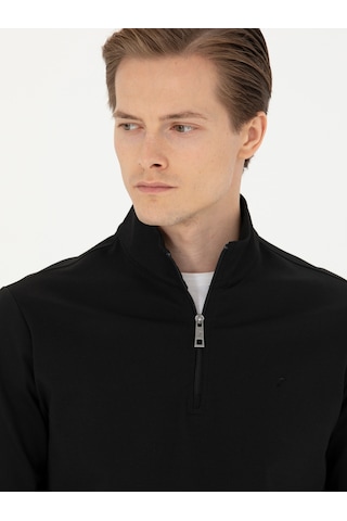 Siyah Regular Fit Yarım Fermuarlı Cepli Sweatshirt