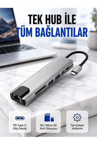 Macbook Ve Type-c Destekli Alüminyum Gövdeli Hdmı Ethernet Adaptör 4k 30 Hz