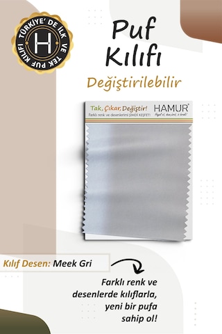 Yıkanabilir Puf Tabure Kılıfı Tak-Çıkar-Değiştir-Yenile Orta Sehpa Kılıfı 40x22 Meek Gri