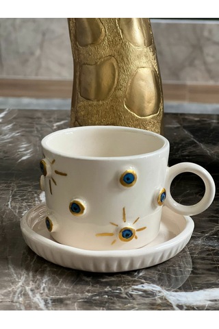 Kabartma Altın Nazar Boncuklu Fincan