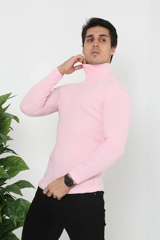 Erkek Kaşkorse Boğazlı Full Likralı Fitilli Body Kazak - Toz Pembe Pembe