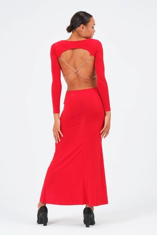 Arka Zincirli Taş Detay Elbise-Kırmızı