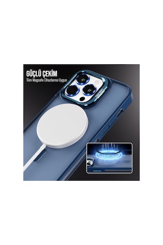 iPhone Uyumlu 14 Plus / 15 Plus Kamera Koruma Stantlı Magsafe Destekli Lens Koruyucu Telefon Kılıfı Lacivert