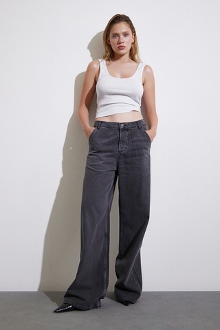 Never More Yüksek Bel Geniş Paça Jean Füme