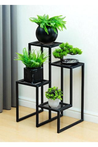 Dekoratif Metal 4 Raflı Saksılık Katlı Dikey Saksı Standı Çiçeklik Bahçe Ve Balkon Dekoru Garden Siyah