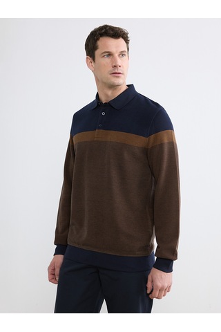 Lcwaıkıkı Classic Kahverengi Polo Yaka Renk Bloklu Erkek Sweatshirt
