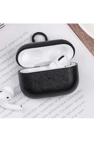 Apple Uyumlu AirPods Pro 3 2025 Lüx Deri Suni Deri Kılıf 360 Koruma+kanca Siyah