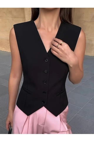 Sensuelle Kadın Sıfır Kollu Önden Düğmeli Atlas Yelek Siyah