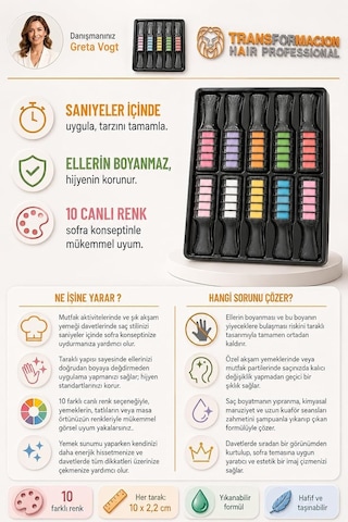 Transformacion 10 Renkli Geçici Saç Tebeşiri Tarağı Seti - Yıkanabilir Rengarenk Canlı Saç Boyası Tarağı Doğ