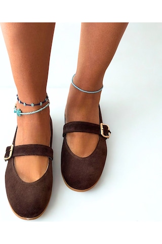 Ne&ve Shoes Kahve Süet Hakiki Deri Yuvarlak Burunlu Tokalı Kadın Babet Kahverengi