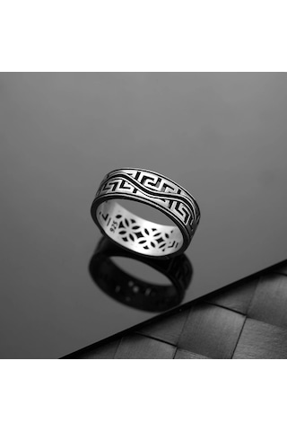 İpek Silver 925 Ayar Gümüş Grek Motifli Üstü Kişiselleştirilebilir Erkek Yüzüğü Çok Renkli