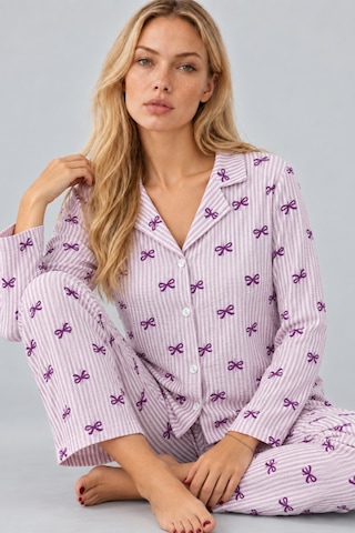 Kadın Gömlek Yaka Desenli İkili Mor Pijama Takımı 4810