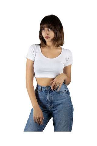 Terapi Men Beyaz Havuz Yaka Fitted/vücuda Oturan Kısa Kol Crop Tişört Beyaz