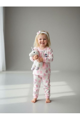 Zekids Kız Bebek Pamuklu Kalp Desenli Pijama Takımı-16850 Pembe