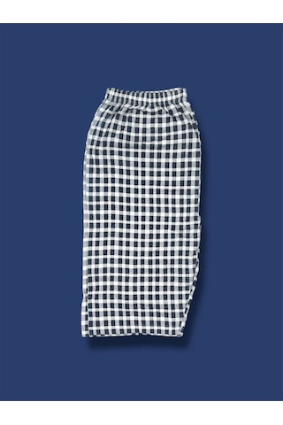 Desenli Penye Diz Altı Büyük Beden Anne Kadın Kapri Lacivert Dama Ekose