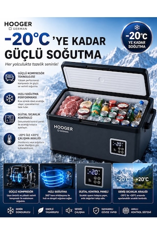 Hooger German EA 55 LTX New Series Geniş Kabin Dijital Led Ekran Oto Kamp Buzdolabı 12-24 Volt -20 Derece Hızlı Soğutma