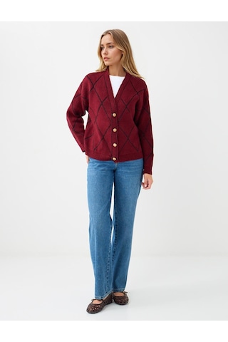 Jimmy Key Bordo V Yaka Baklava Desenli Triko Hırka 5ww104368562