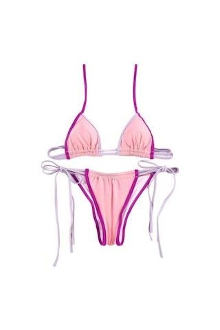 2 Adet/set Kadın Mayo Seti Halter Balenli Dolgusuz Sütyen Büzgülü Yüksek Bel Bikini Altı Seti Yama İşi Renkli Plaj Giyim Pembe