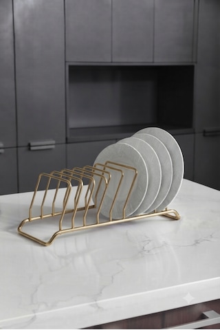 9 Bölmeli Gold Tabaklık Ve Tabak Düzenleyici Mini Bulaşıklık - Gold Dolap İçi Çay Kahve Tablası Düzenleyici