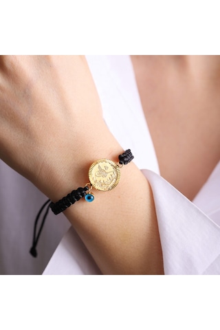 Çeyrek Reşat Altın Bileklik 14K Nazarboncuk (Siyah Ip) Sarı Altın