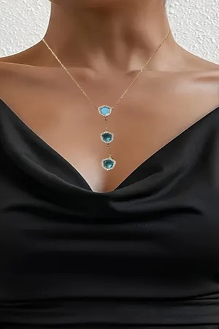 Caş Dekorasyon Altın Renk Mavi Taşlı 14k Altın Kaplama Kolye Altın
