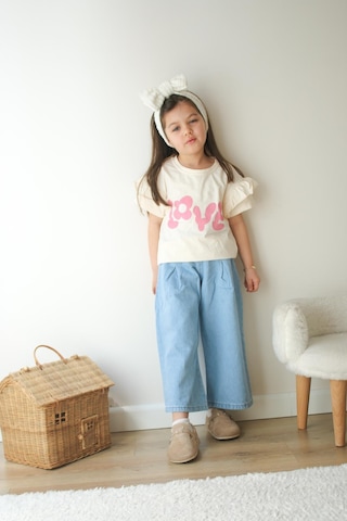 Kız Çocuk Fırfır Kol Love Baskılı Tshirt Yüksek Bel Geniş Paça Kot Pantolon Altüst Takım Jean Mavi