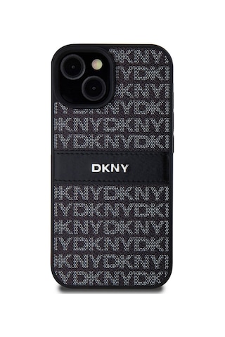 Apple Uyumlu iPhone 15 Kılıf Dkny Lisanslı 3d Yazılı Repeat Texture Pattern Kapak Siyah